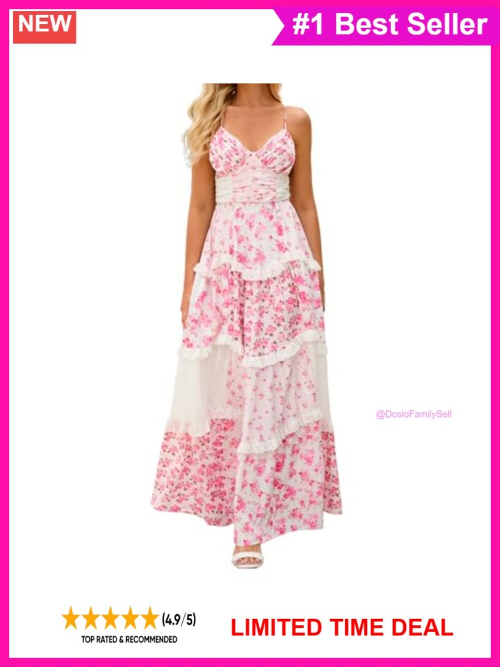 Women Floral Maxi Dress Spaghetti Strap V Neck Tiered Boho Sundress